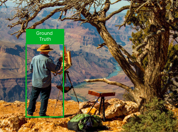 A painter in front of grand Canyon captured by a green ground truth bounding box